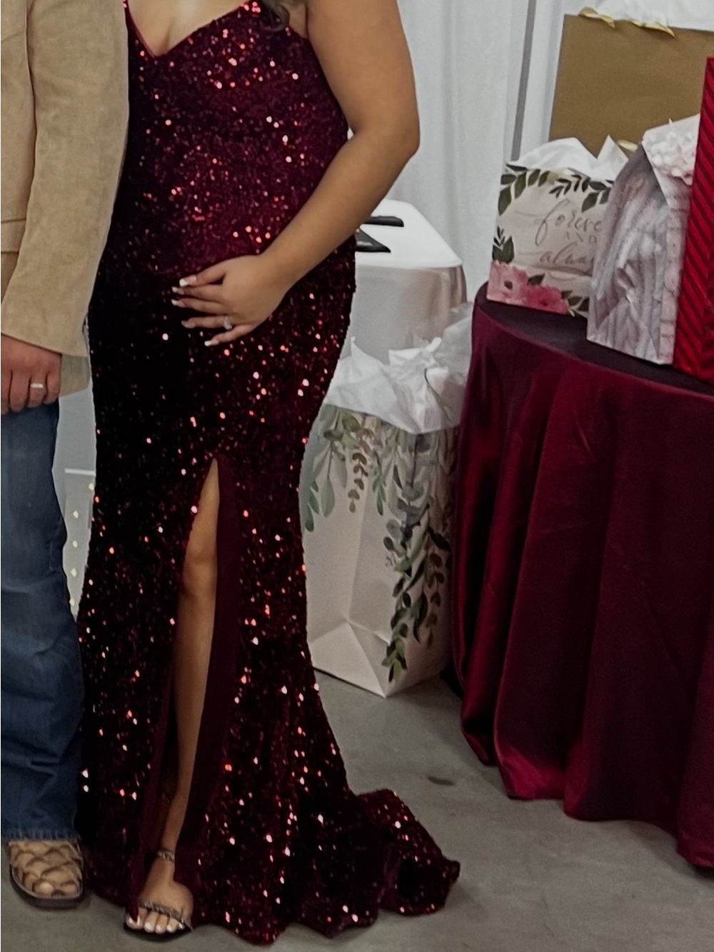 Camille La Vie Burgundy Sequin Spaghetti Strap Evening Gown